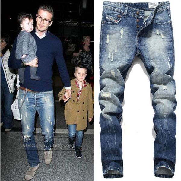 

fashion-mens fake designer clothing jeans ripped straight long jeans fashion trousers male clothing pants2794, Blue