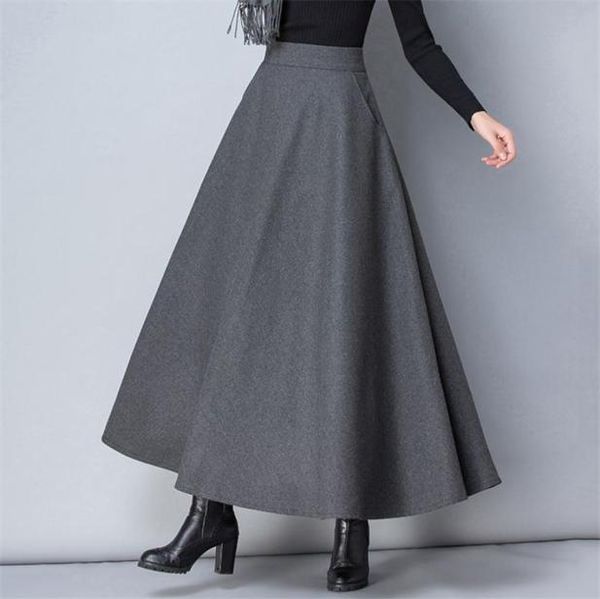 

winter women long woolen skirt fashion high waist basic wool skirts female casual thick warm elastic aline maxi skirts o8397451958, Black