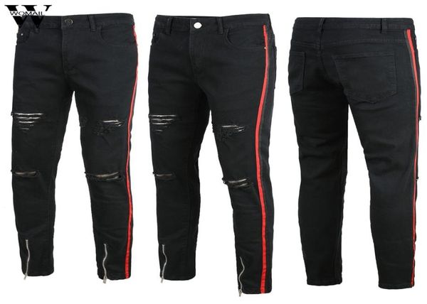 

womail pant men stretchy black skinny jeans hole pure color slim fit denim vintage denim pants zipper jean 2019 j724027783, Blue