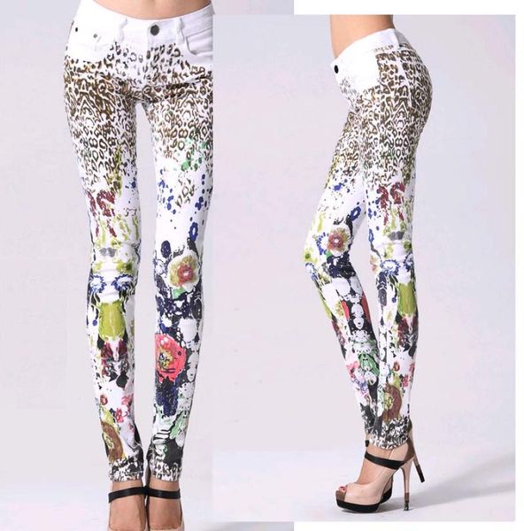

printing jeans woman casual pencil pants girl washed leopard pattern skinny long women jeans capris5053093, Blue
