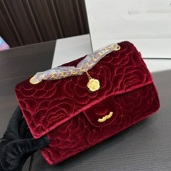 

designer womens velvet shoulder bag camellia embroidery double flip bag hardware metal coin pendant handbag matelasse chain crossbody bags m