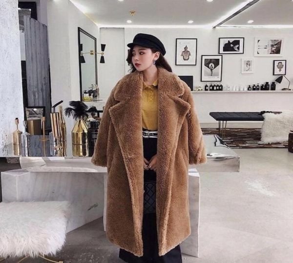 

pink long teddy bear jacket coat women winter thick warm oversized chunky outerwear overcoat women faux lambswool fur coats5734255, Black