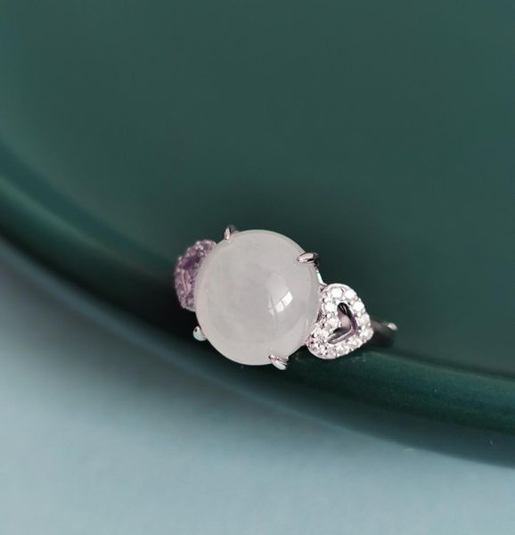 

myanmar natural jade double heart ring 925 sterling silver zircon ring ice white size adjustable light luxury exquisite birthday g8877349, Golden;silver