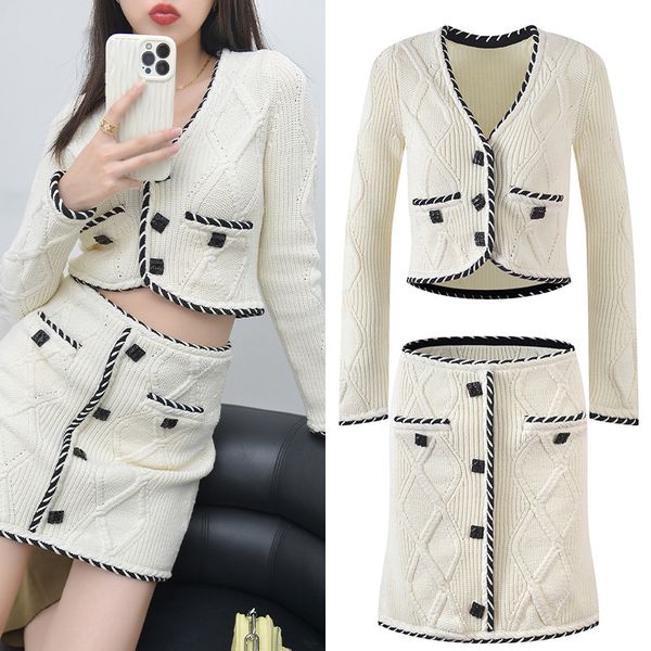 

self- portrait v-neck contrasting piping cardigan+a-line skirt, Black;gray