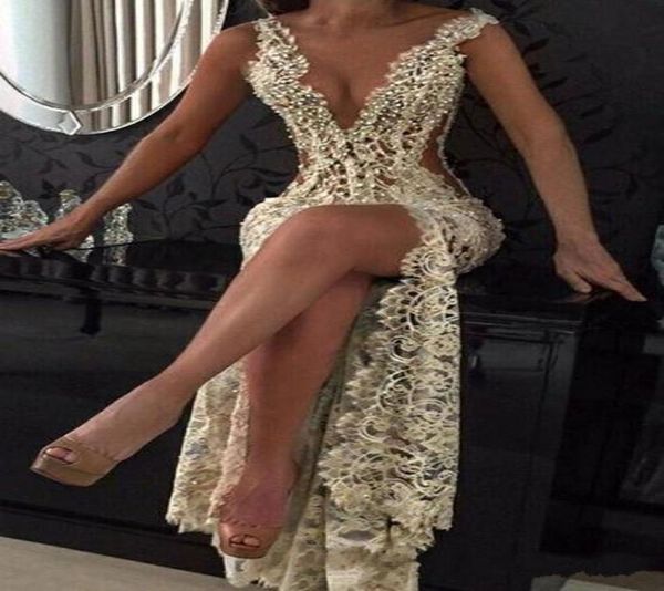 

2019 new white ivory prom dresses plunging deep v neck full lace beads crystals rhinestone high side split party formal dress4484457, Black