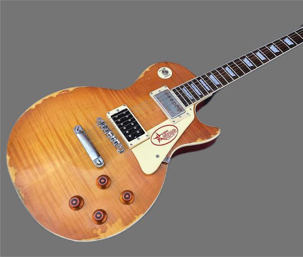 

custom heavy heritage standard electric guitar, hand crafted, black choker guitar, flame maple veneer, aged finish