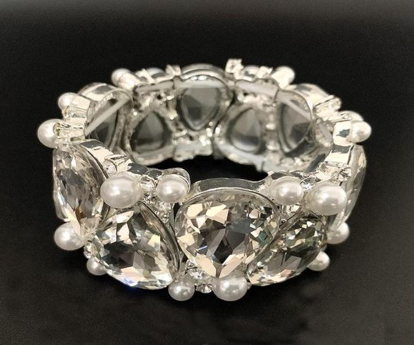 

bangle women pearl and big crystal for wedding party prom show teardrop rhinestone lady stretch bracelet jewelry accessoriesbangle8761183, Black
