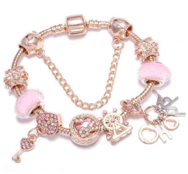 

fashion luxury designer key heart letter diamond crystal diy european beads charm bangle bracelet for woman girls rose gold3375709, Golden;silver
