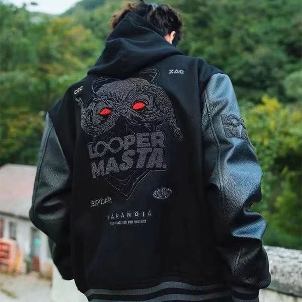 

men's jackets 2023 american retro masked embroidery pattern baseball uniform jacket men's heavy hiphop rock loose fashion street 2, Black;brown