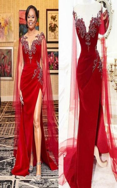 

stunning split evening dresses gown with cape crystal velvet mermaid formal occasion prom pageant arabic party 2020 said mham4011559, Black