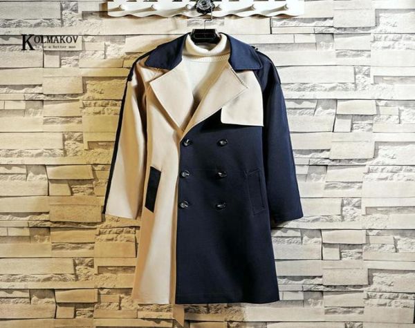 

men039s trench coats kolmakov autumnwinter british style patchwork men long coat loose black navy blue doublebreasted overcoa7693997, Tan;black