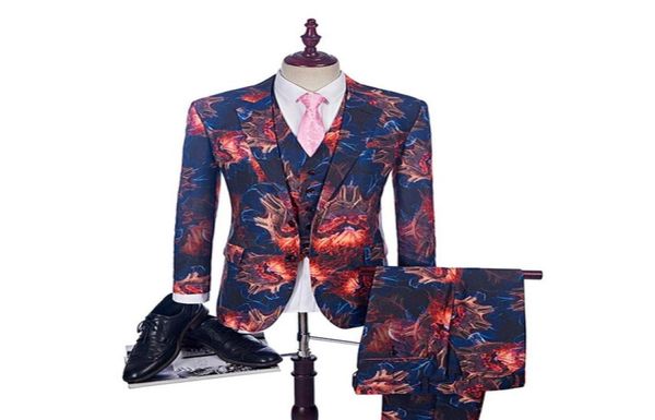 

new fashion print suit groom tuxedos fire red groomsman suit custom made man suit stage wear casual men stage clothing 3 psc5320699480692, Black;gray