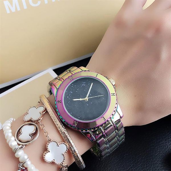 

fashion m design brand watches women girl big letters style colorful metal steel band quartz wrist watch m105235l, Slivery;brown