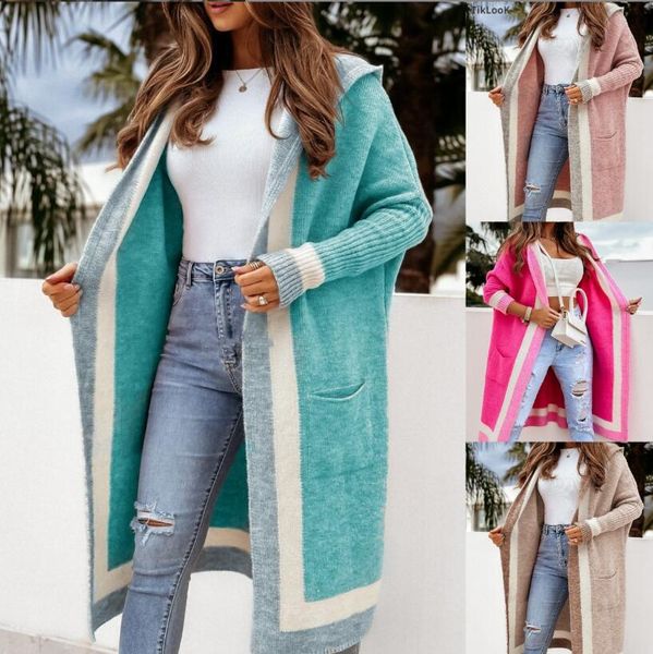 

women's sweater 2023 europe and america autumn and winter casual versatile hooded long cardigan sweater coat, White;black