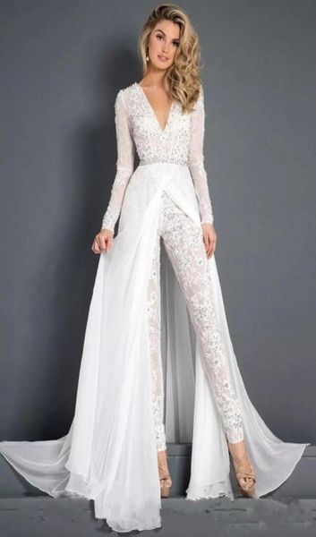 

designer lace wedding dresses jumpsuit with train vneck long sleeves beaded belt flwy skirt beach casual jumpsuit bridal gowns4872443, White