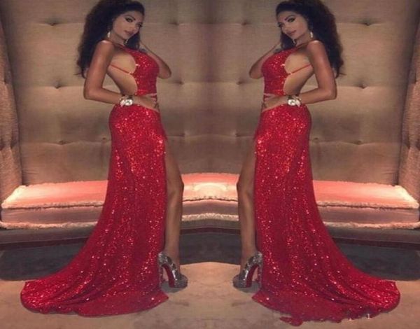 

glittering mermaid red sequined prom dresse 2019 deep vneck open backless party dress side split sweep train formal evening 5071404, Black