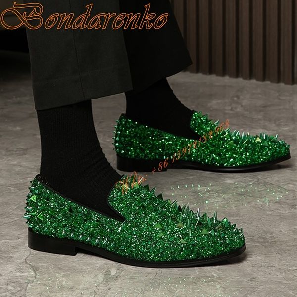 

dress shoes men shoes rivet studded handmade fashion dress shoes round toe solid slip on green spike flat with for men big size spring shoe, Black