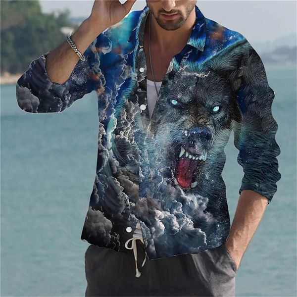 

men's casual shirts 2023 longsleeved shirt fashion high street hiphop animal wolf 3d graphic printing men clothing 230822, White;black