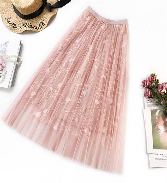 

floral embroidery aline tutu lace mesh skirt women elegant tulle long pleated skirt women midi skirt summer 249z3891859, Black;gray