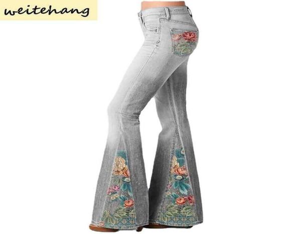 

spring new fashion jeans gradient flower print imitation denim bell bottoms women high waist long pants plus size women trousers h1429336, Blue