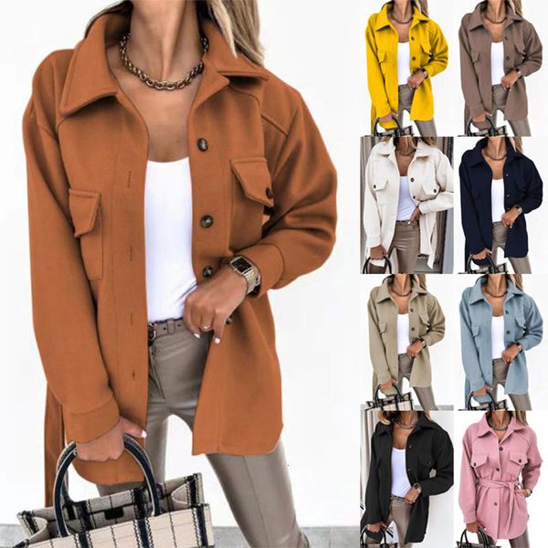 

women's jackets autumn/winter women's long sleeve temperament solid color polo button lace up woolen coat 230822, Black;brown