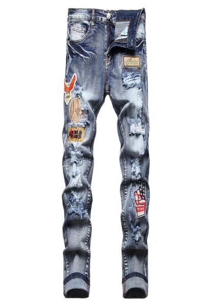 

mens jeans holes frayed hiphop ripped embroidery flag badge paint denim pants blue slim streetwear distressed moto biker jeans mal8226244