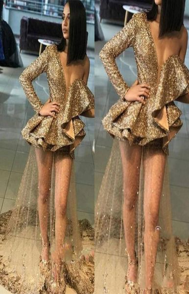 

gold one shoulder 2020 prom dresses ruffles peplum sequined illusion sequins appliques see through formal evening dress robes3502437, Black