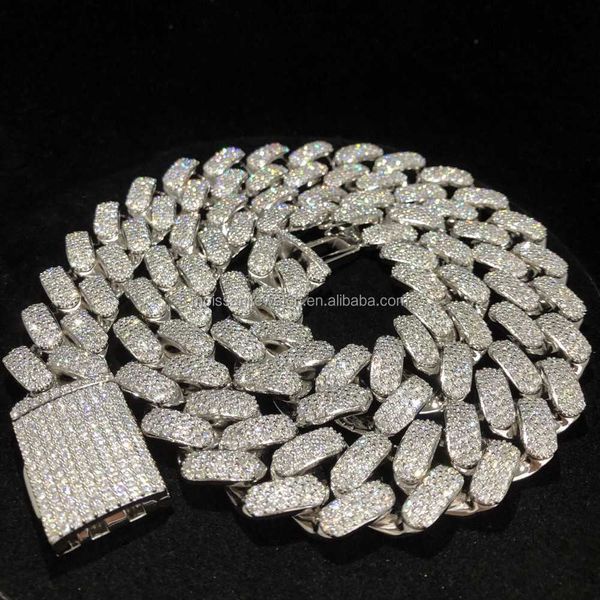 

customized hip-hop 20mm wide full diamond cuban chain necklace with 3 rows of mosan diamonds 925 sterling silver men's jewelry