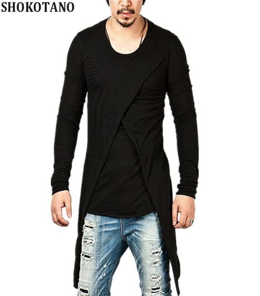 

shokotano men super stylish cross layered tail long t shirt solid long sleeve tshirt longline swallow hem streetwear tee4722142, White;black