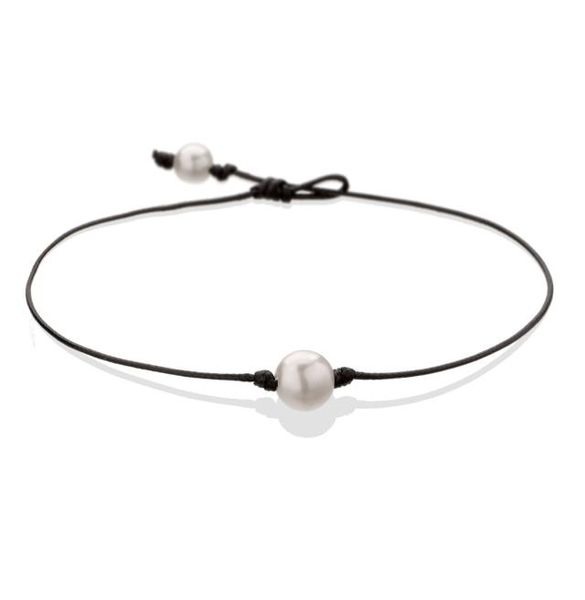 

pearl single cultured freshwater pearls necklace choker for women genuine leather jewelry handmade black 14 inches2011384, Silver