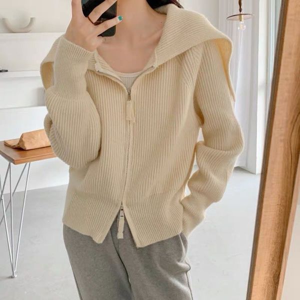 

womens knits tees yatamoniri solid zipper sailor collar sweater coat causal korean women knitwear jacket autumn winter knitted cardigan 2308, White
