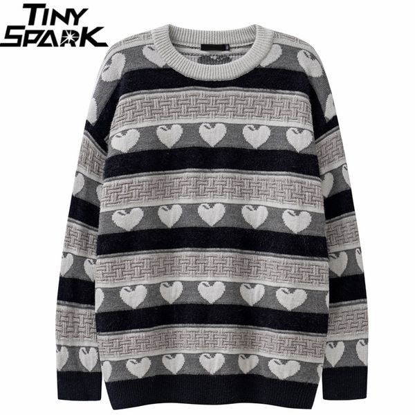 

men's sweaters men streetwear retro striped sweater pattern heart knitted sweater hip hop pullover cotton harajuku sweater soft y2k 230, White;black