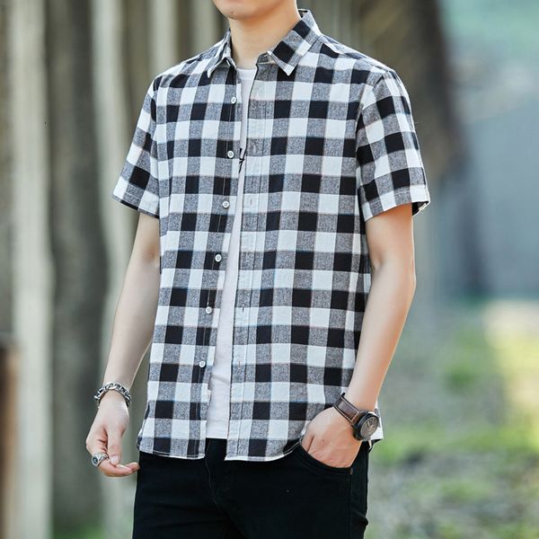 

men's casual shirts handsome short sleeve summer thin loose shirt checker size half pure cotton clothing 230822, White;black