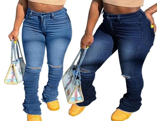 

women streetwear ruched ripped jeans blue high waist stacked denim pants autumn stretch skinny pockets boyfriend denim trousers2637114