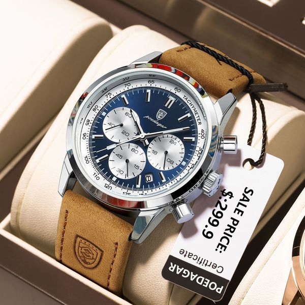 

wristwatches poedagar brand luxury man watch waterproof chronograph luminous date wristwatch for men quartz leather men's watches sprot, Slivery;brown