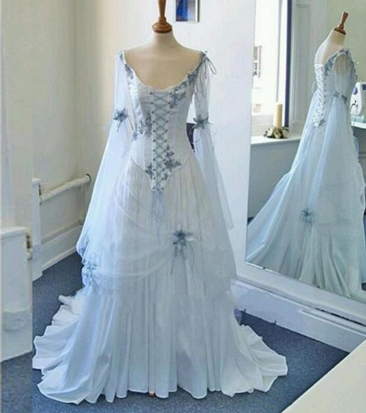 

vintage celtic wedding dresses white and pale blue colorful medieval bridal gowns scoop neckline corset long sleeves appliques flo8628683