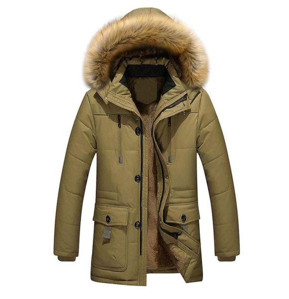 

men windproof solid color faux fur collar hooded winter thicken parkas jacket1724232, Black