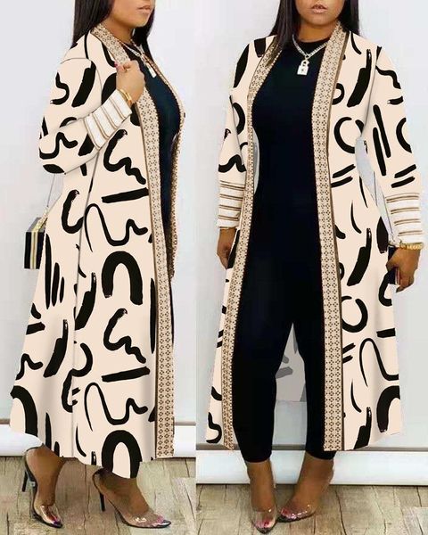 

women s trench coat printed long cardigan full sleeve overcoat lady casual loose open stitich coat female 2023 autumn spring fashion 230821, Tan;black