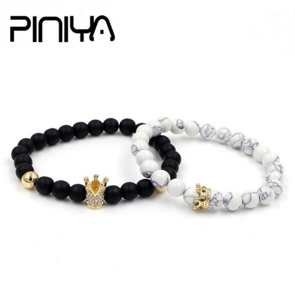 

charm bracelets fashion 2pcsset natural pave cz king crown bangle bracelet lava howlite stone beads couple stretch mala braclet s9905258, Golden;silver
