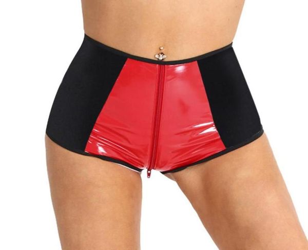 

women sissy panties clubs dance costumes wetlook faux leather red spliced briefs high waist zipper crotch underwear women031757756, Black;pink