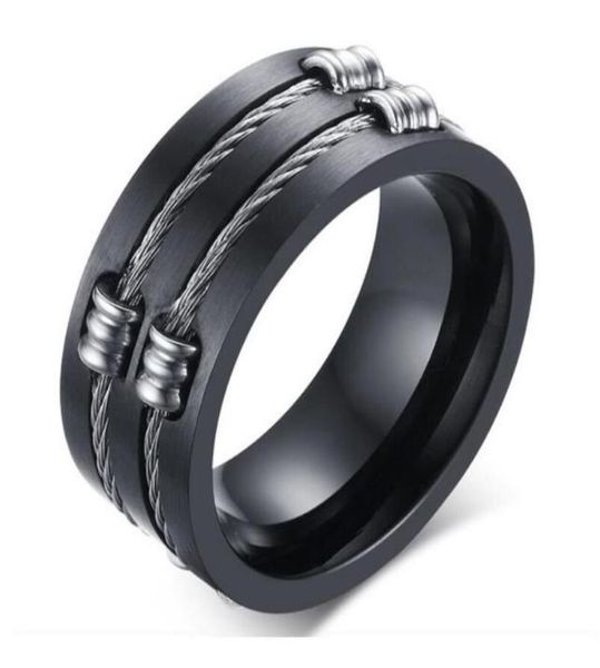 

classic wire cable biker rings for men 316l stainless steel brushed design boy signet finger bands hip hop bladed ring jewelry7349307, Slivery;golden
