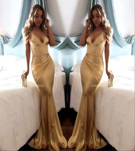 

simple style v neck gold mermaid evening dresses backless soft satin draped spaghetti strap long prom dresses custom ma9375661, Black;red