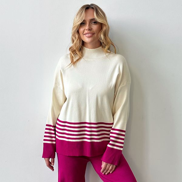 

womens two piece pants knitted women sets winter knit suit striped turtleneck sweater matching 2 for 230821, White