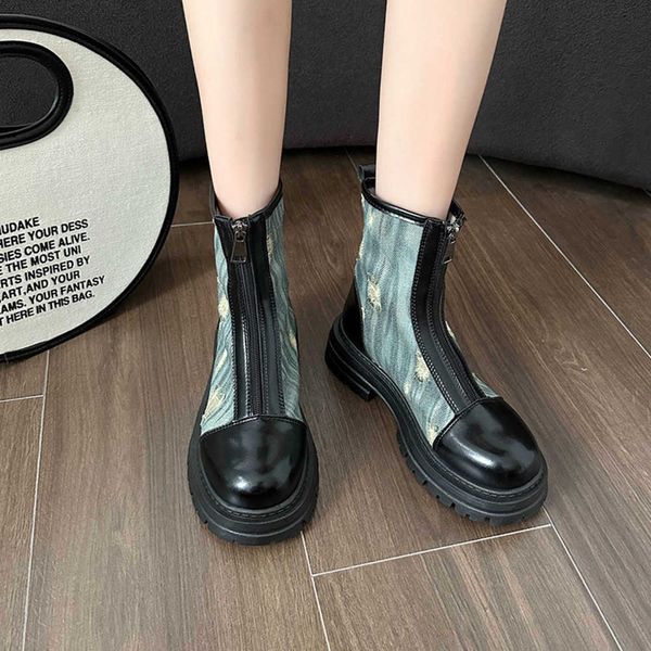 

2023 autumn new fashion british style old denim thick sole mechanical short boots front zipper slim smoke pipe boots 230811, Black