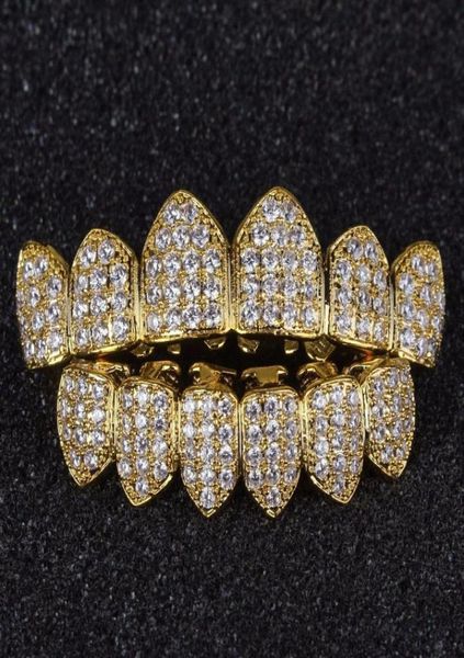 

luxury design diamond teeth grillz gold vampire fangs cz grillz for men women bottom grillz with molding bar2643653, Black