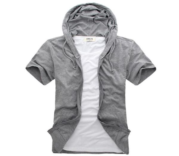 

men039s short sleeve hoodie fashion casual shortsleeve tshirt youth summer new solid color casual zipper cardigan 200497, Black