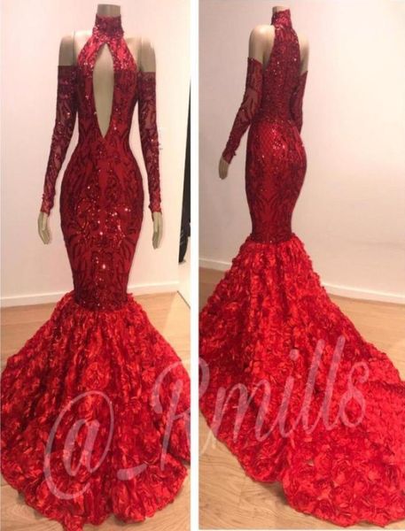

red high neck long sleeves mermaid prom dresses hollow out lace sequins cascading ruffles flowers evening party gowns3199007, Black