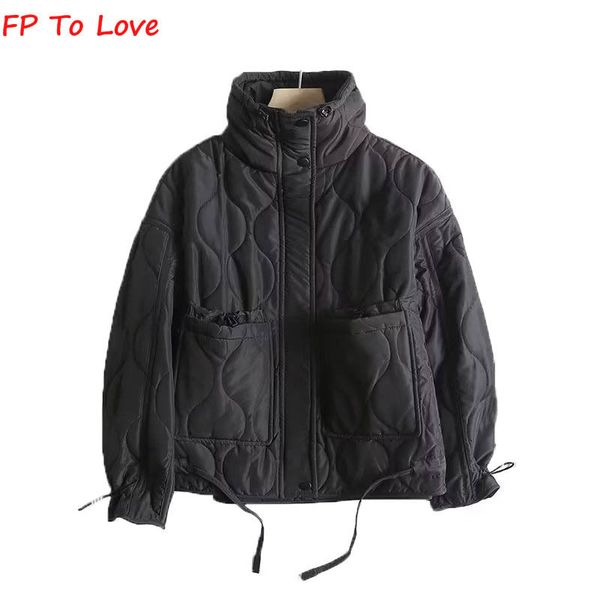 

women s down parkas khaki quilted cotton jacket straight short coat zipper stand collar pocket blogger streetwear female outwears 230821, Black