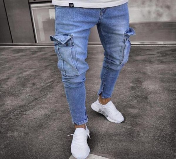 

mens jeans ripped pocket blue solid color denim pants mens slim fashion high street biker jeans male long trousers pencil pants je2919676