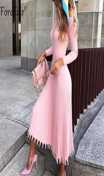 

forefair o neck pink pleated knitted midi dress autumn winter long sleeve ribbed a line elegant o neck casual office ladies7039437, Black;gray